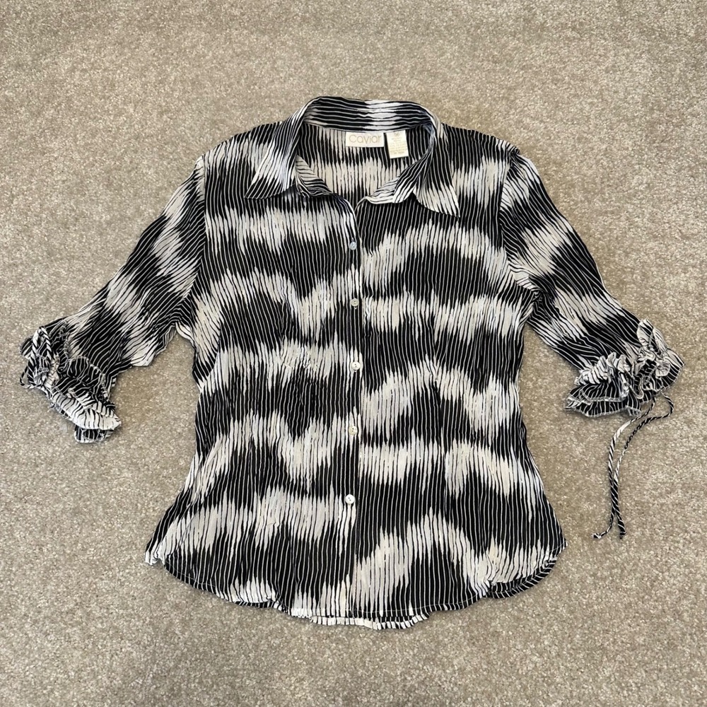 Caviar Vtg y2k Black Abstract Pleated Button Down Blouse Ruffle Tie Sleeve M
